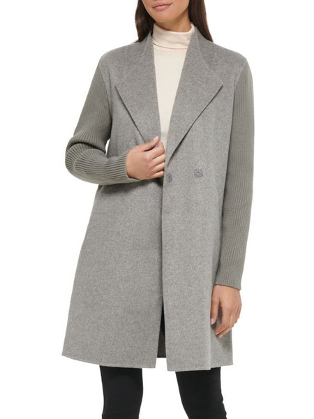 Kenneth Cole Ribbed Sleeve Double Breasted Wool Blend Coat - Medium Gray