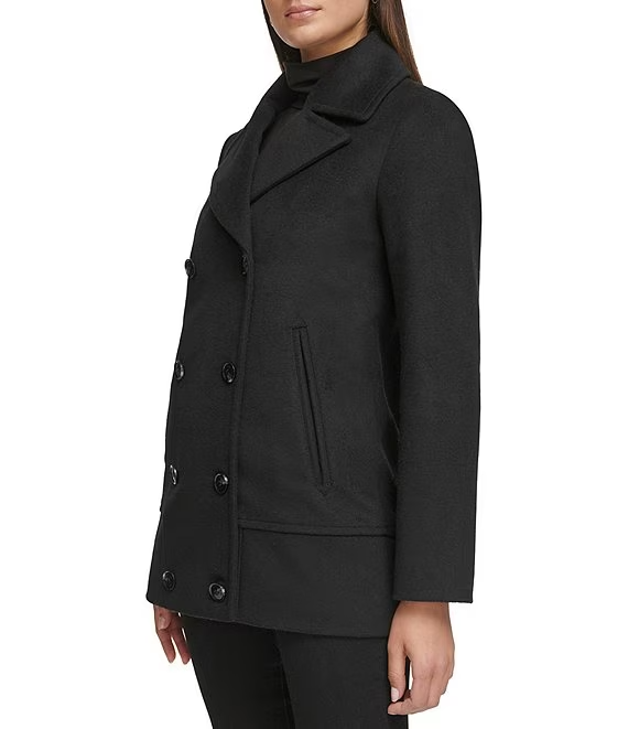 Kenneth Cole Double Breasted Melton Wool Blend Peacoat - Black