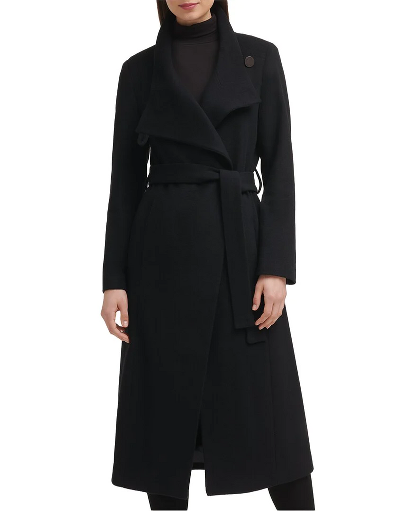 Kenneth Cole Convertible Collar Wool Blend Belted Maxi Coat - Black