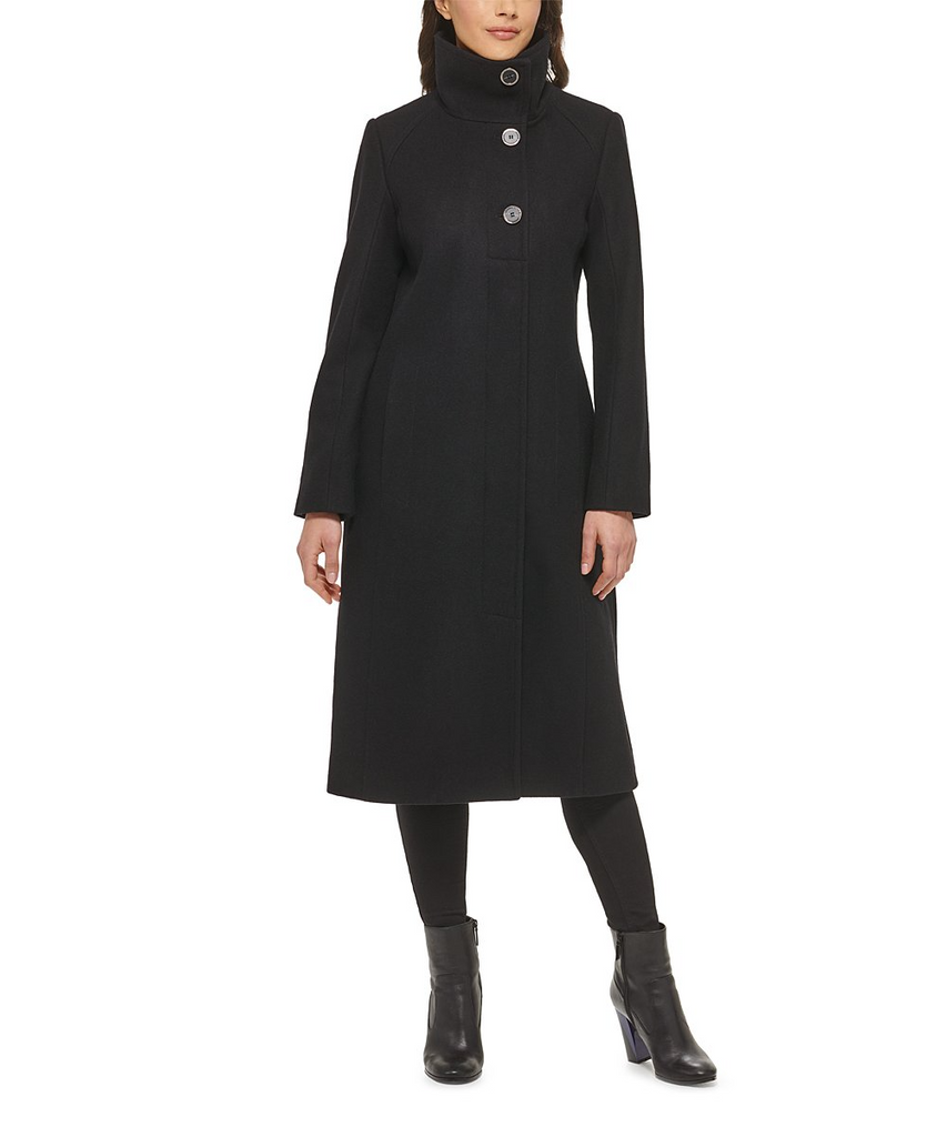 Kenneth Cole Melton Wool Blend Stand Collar Walker Coat - Black