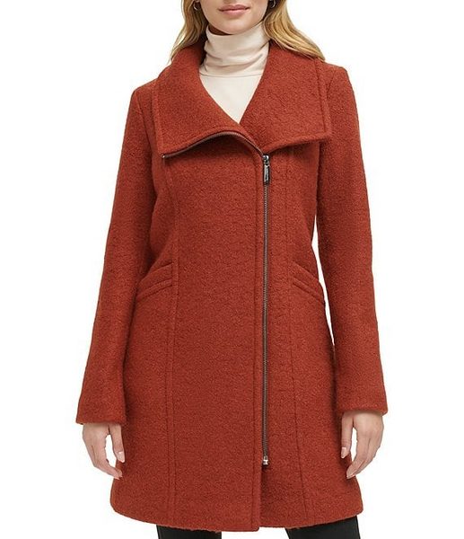 Kenneth Cole Asymmetric Zip Front Boucle Wool Coat - Paprika