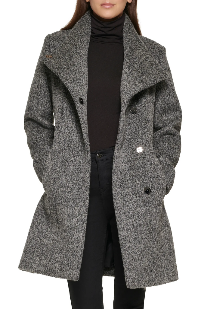 Kenneth Cole Asymmetric Wool Blend Boucle Coat Charcoal Take an EXTRA 30 Off