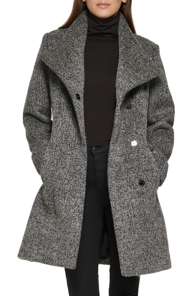 Kenneth Cole Asymmetric Wool Blend Boucle Coat - Charcoal