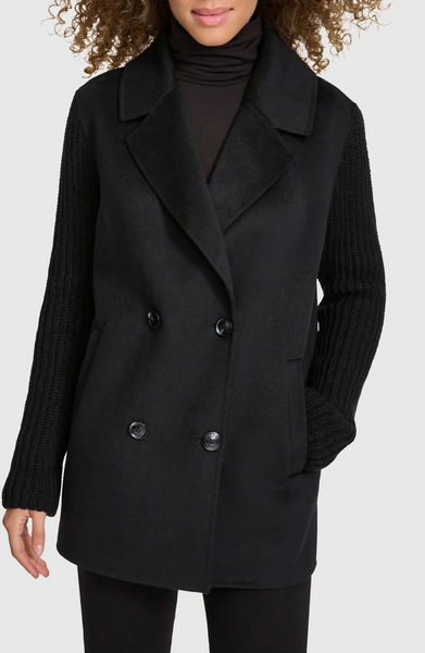 Kenneth Cole Double Breasted Double Face Wool Peacoat with Shaker Knit Sleeves - Black