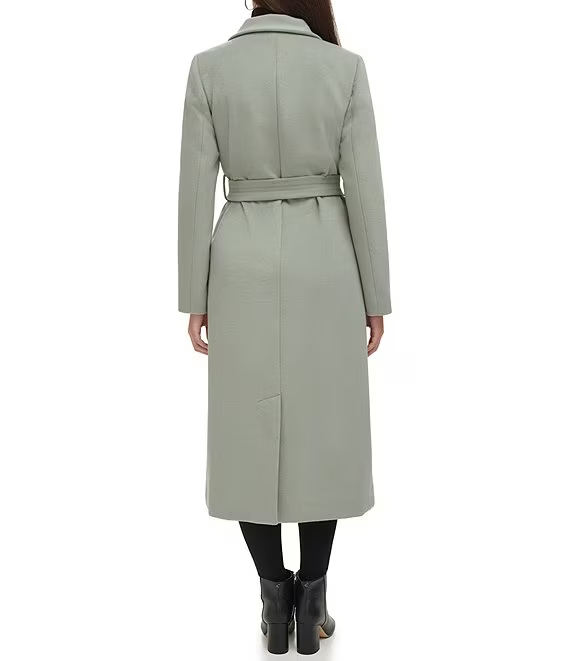 Kenneth Cole Convertible Collar Wool Blend Belted Maxi Coat - Sage