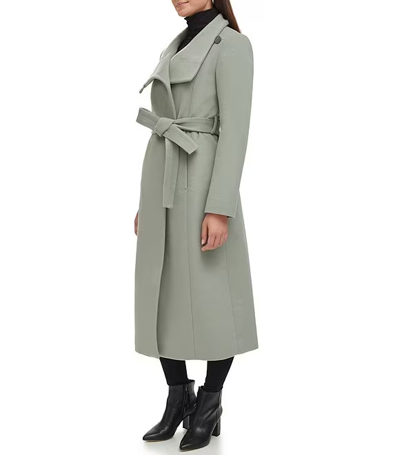 Kenneth Cole Convertible Collar Wool Blend Belted Maxi Coat - Sage