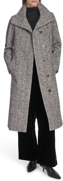 Kenneth Cole Tweed Wool Blend Stand Collar Walker Coat - Black