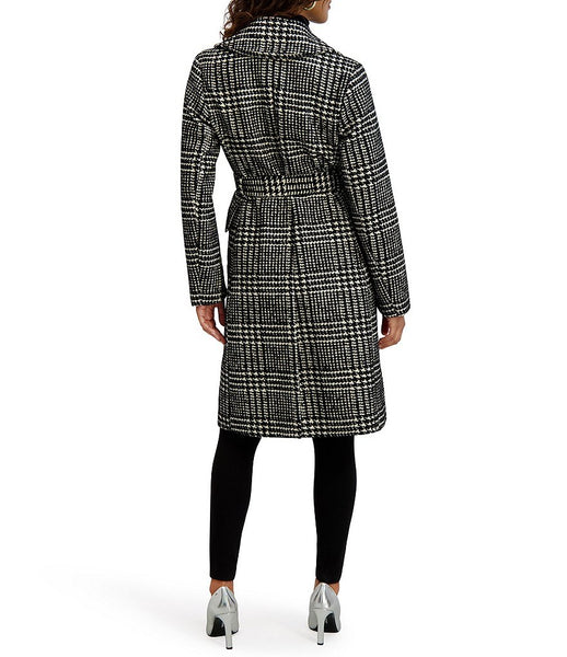Kensie Houndstooth Belted Faux Wool Walker Coat - Black/White