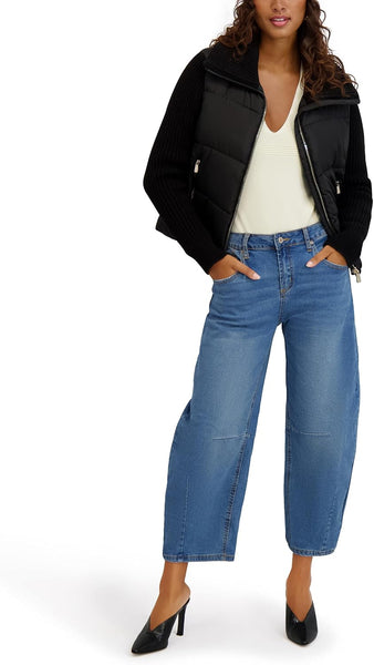 Kensie Knit Sleeve Zip Front Puffer Jacket - Black