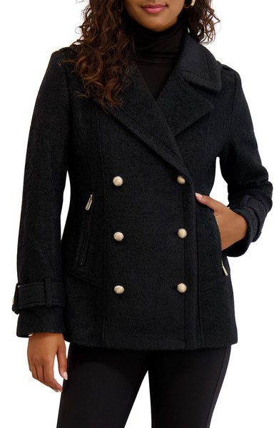 Kensie Bouclé Wool Blend Double Breasted Peacoat - Black