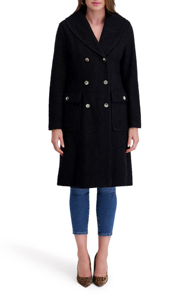 Kensie Bouclé Wool Blend Double Breasted Walker Coat - Black