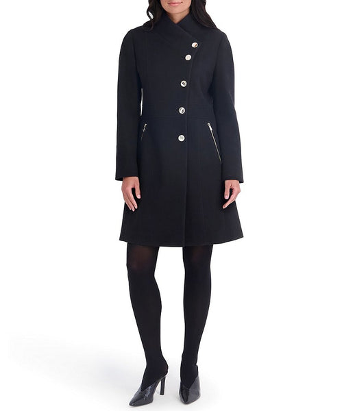 Kensie Asymmetrical Button Stand Collar Fit-And-Flare Coat - Black