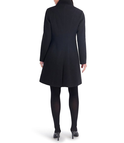 Kensie Asymmetrical Button Stand Collar Fit-And-Flare Coat - Black