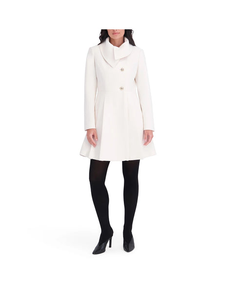 Kensie Fold-Over Collar Faux Wool Fit-And-Flare Coat - Ivory