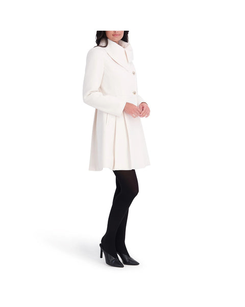 Kensie Fold-Over Collar Faux Wool Fit-And-Flare Coat - Ivory