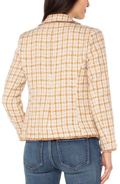 Liverpool Fringe Detail Check Tweed Blazer - Gold/Khaki Plaid