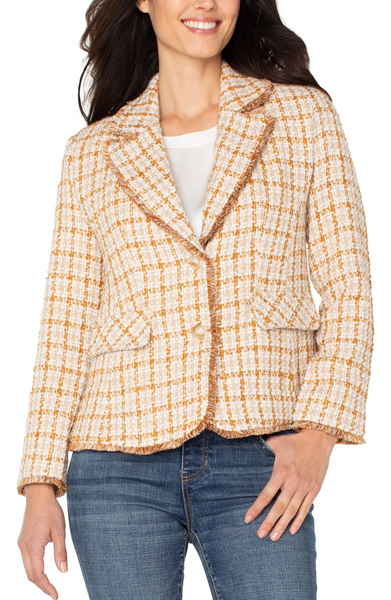 Liverpool Fringe Detail Check Tweed Blazer - Gold/Khaki Plaid