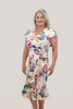 Image of Steven Guy Plus Size Cap Sleeve Surplice Cascade Ruffle Floral Print Dress - Ivory/Pink