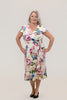 Image of Steven Guy Plus Size Cap Sleeve Surplice Cascade Ruffle Floral Print Dress - Ivory/Pink