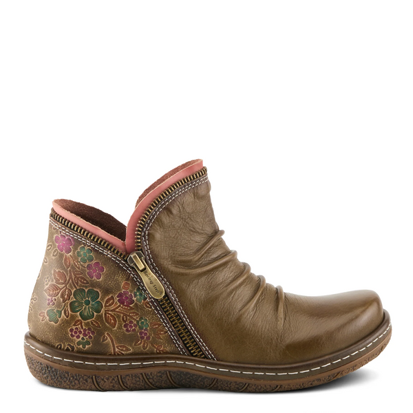 L'Artiste by Spring Step Chesapeake Floral Print Ruched Leather Bootie - Olive