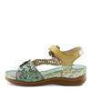 Image of L'Artiste by Spring Step Script Floral Leather Backstrap Wedge Heel Sandal - Mint Green/Multicolor