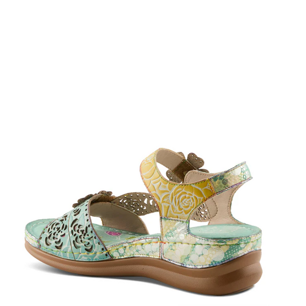 L'Artiste by Spring Step Script Floral Leather Backstrap Wedge Heel Sandal - Mint Green/Multicolor