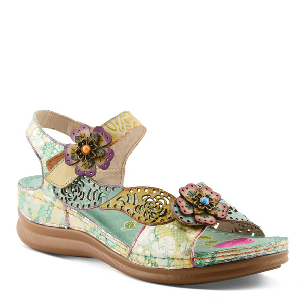 L'Artiste by Spring Step Script Floral Leather Backstrap Wedge Heel Sandal - Mint Green/Multicolor