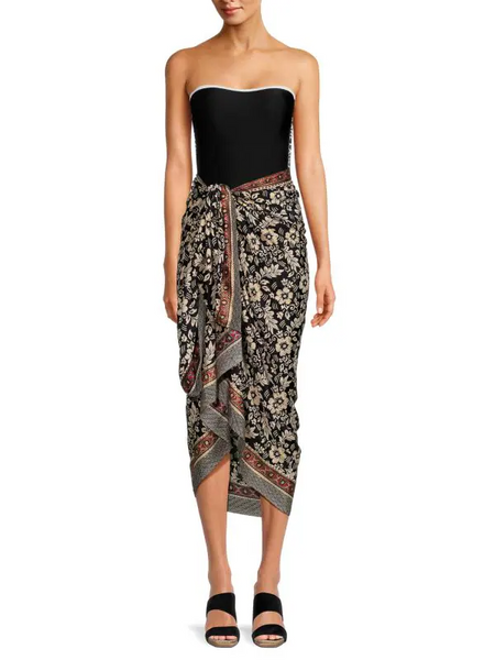 La Fiorentina Paisley Silk Blend Wrap Scarf & Pareo Skirt - Black/Beige