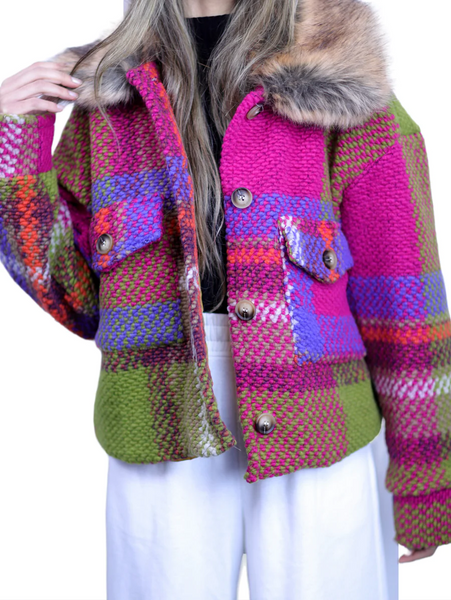 La Fiorentina Plaid Wool Jacket with Faux Fur Collar - Fuchsia/Camel