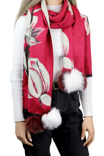 La Fiorentina Floral Print Scarf with Fox Fur Poms - Red/Ivory