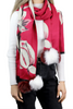 Image of La Fiorentina Floral Print Scarf with Fox Fur Poms - Red/Ivory