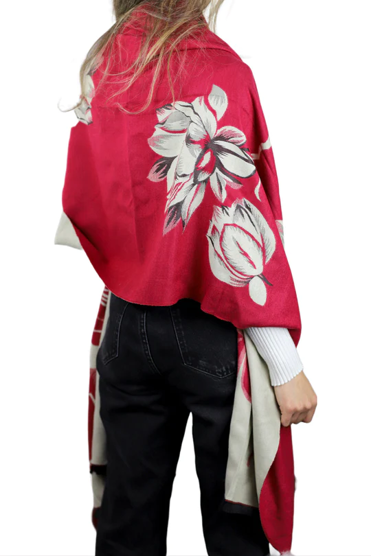 La Fiorentina Floral Print Scarf with Fox Fur Poms - Red/Ivory