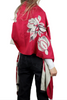 Image of La Fiorentina Floral Print Scarf with Fox Fur Poms - Red/Ivory