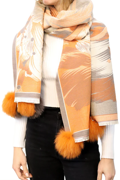 La Fiorentina Floral Print Scarf with Fox Fur Poms - Brown/Orange