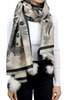 Image of La Fiorentina Floral Print Scarf with Fox Fur Poms - Black/Beige