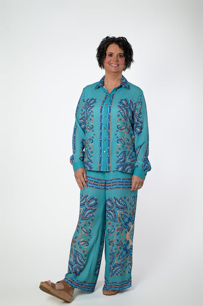 Laura V Paisley Print Two Piece Blouse & Wide Leg Pant Set - Turquoise/Multicolor