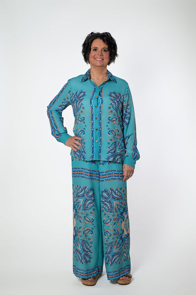 Laura V Paisley Print Two Piece Blouse & Wide Leg Pant Set - Turquoise/Multicolor