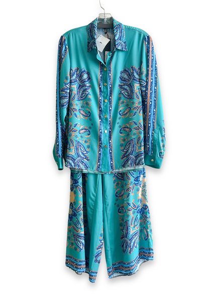 Laura V Paisley Print Two Piece Blouse & Wide Leg Pant Set - Turquoise/Multicolor