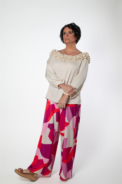 Laura V Two Piece Ruffled Neck Top & Wide Leg Abstract Print Pant Set - Cream/Multicolor