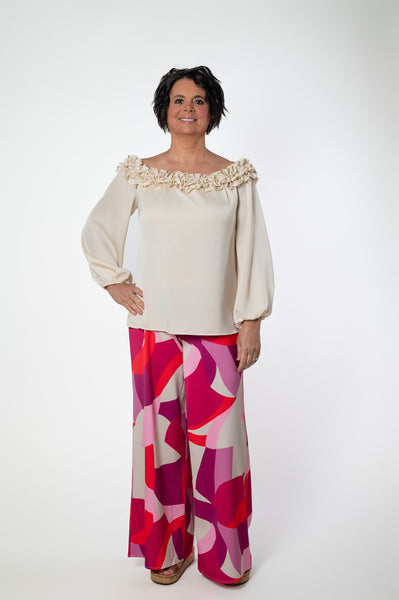 Laura V Two Piece Ruffled Neck Top & Wide Leg Abstract Print Pant Set - Cream/Multicolor