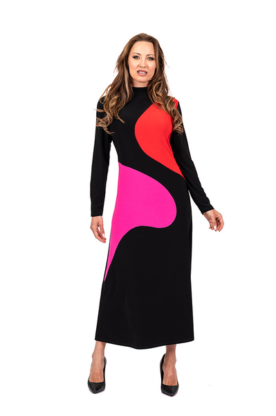 Scapa by Lauren Perre Color Block Mock Neck Maxi Dress - Black/Pink/Red