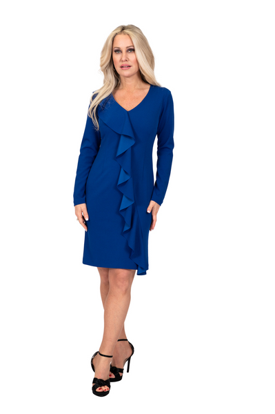 Scapa by Lauren Perre Ruffle Front Long Sleeve V-Neck Dress - Cobalt