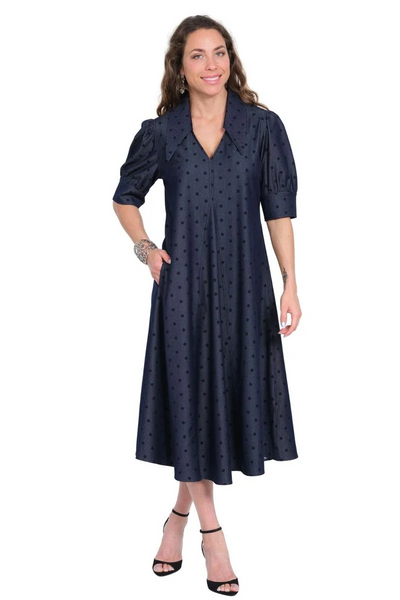 Lior Amber Short Puff Sleeve Pointed Collar Midi Dress - Denim Dots