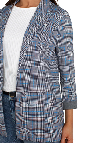 Liverpool Glen Plaid Print Open Front Boyfriend Blazer - Blue Topaz Plaid