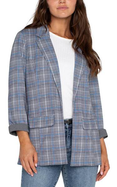 Liverpool Glen Plaid Print Open Front Boyfriend Blazer - Blue Topaz Plaid