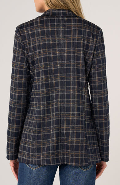 Liverpool Open Front Plaid Print Boyfriend Blazer - Navy/Tan