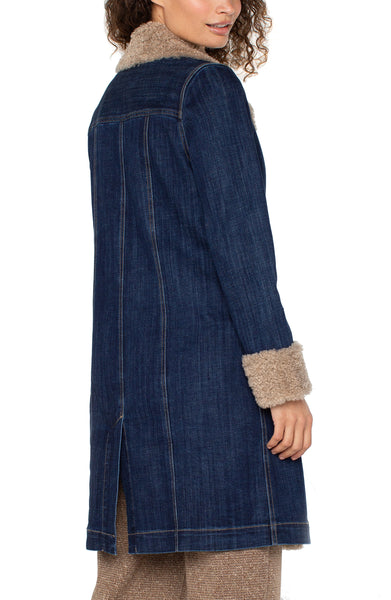 Liverpool Sherpa Trim Button Front Closure Long Denim Jacket - Rinse Wash Blue/Taupe