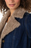 Image of Liverpool Sherpa Trim Button Front Closure Long Denim Jacket - Rinse Wash Blue/Taupe