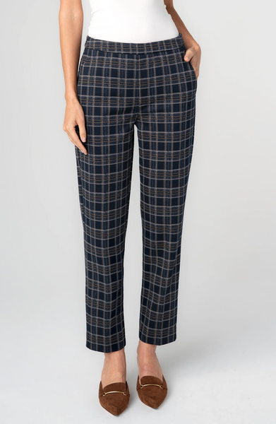 Liverpool Kayla Plaid Print Pull-On Trouser - Navy/Tan