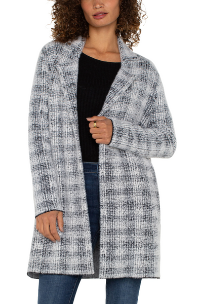 Liverpool Open Front Plaid Coatigan - Grey/White Plaid